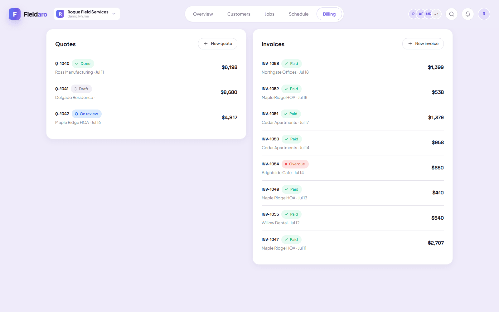 Fieldaro billing with quotes and invoice statuses